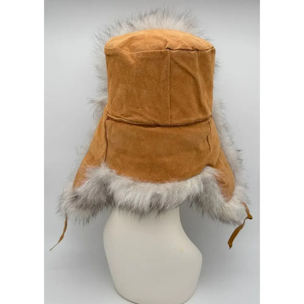 Genuine Rabbit Fur Trapper Hat Ushanka Made in Russia Tan Suede Vintage